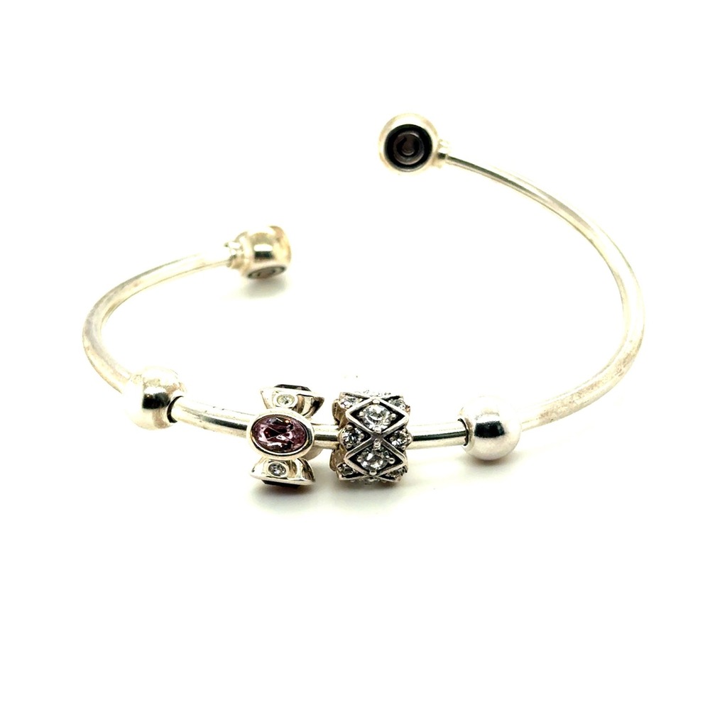 Chamilia Sterling Silver Open Bangle Bracelet with Pink and Crystal Charms